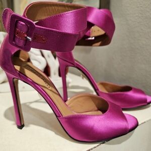 Samuel Failli Fuchsia Silk Heels Unkle Wrap Open Toe Italy Size 7.5